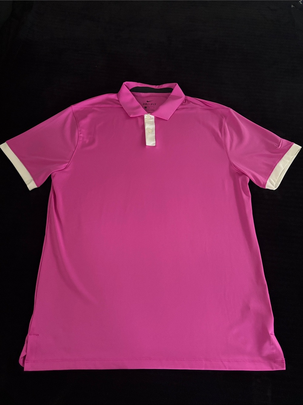 Nike Dri-Fit Sz M Men's Bright Pink Polo Shirt with White Trim